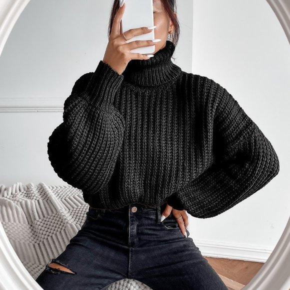 . Sweaters - Black Casual Womens Turtleneck Drop Shoulder Ribbed Knit Sweater